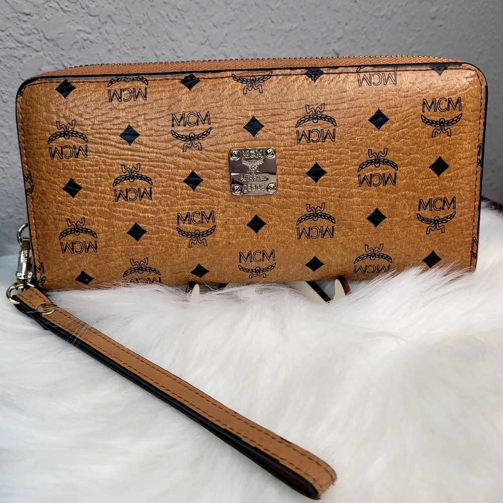MCM Cognac Viestos long zip around wallet/ wristlet